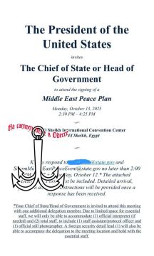 13 октября в Шарм-эш-Шейхе состоится саммит мира, посвящённый прекращению огня в секторе Газа