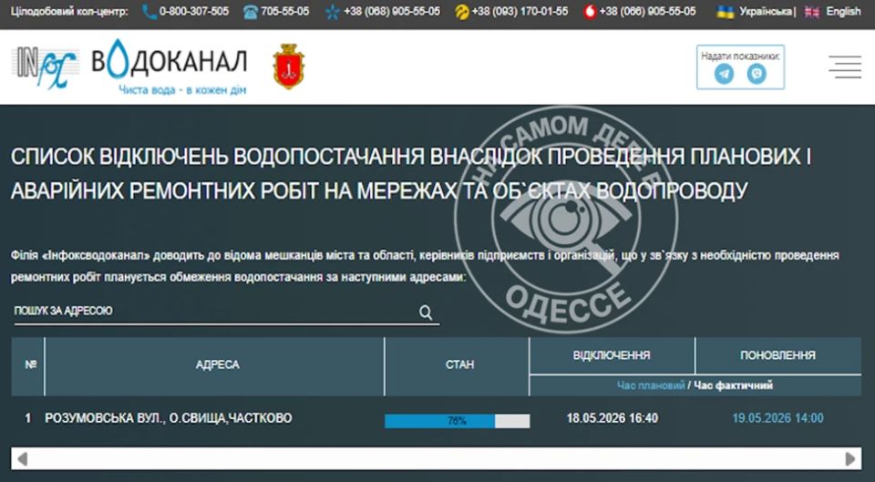 Коммунальные службы 19 мая 2026 года в Одессе и области информируют: