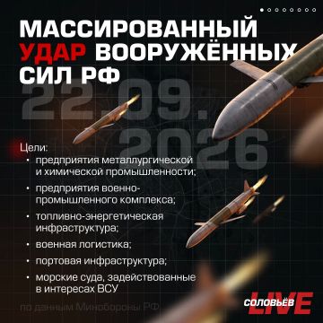 Минувшей ночью Вооружённые силы России нанесли массированный удар по объектам военной промышленности и логистики Украины