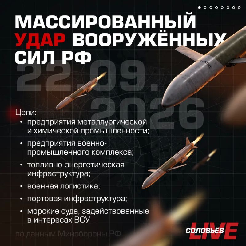 Минувшей ночью Вооружённые силы России нанесли массированный удар по объектам военной промышленности и логистики Украины